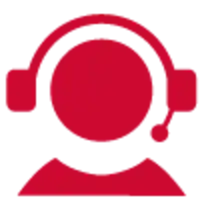 a red icon of a person wearing headphones .