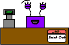 a cartoon of a sarah crab store with a purple box on the counter