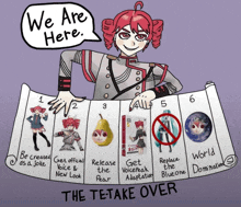 a cartoon of a girl holding a paper that says we are here