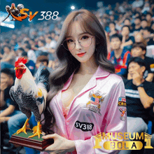 a woman holding a statue of a rooster with sv388 museum bola written on the bottom right