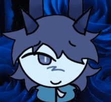 a cartoon character with horns and a blue shirt is making a face .