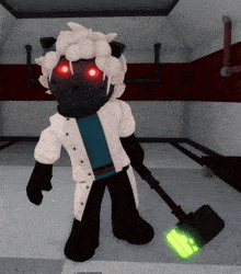 a cartoon sheep with red eyes is holding a glowing hammer