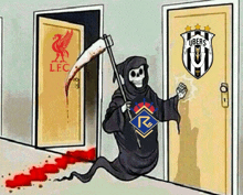 a grim reaper with a scythe is standing in front of a door that says liverpool