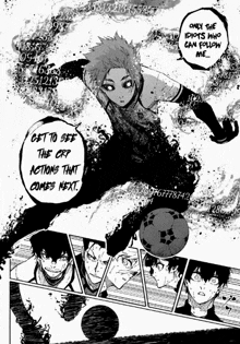 a soccer player is kicking a soccer ball in a black and white manga .