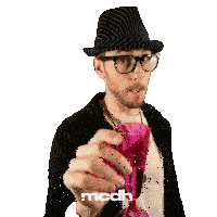 a man wearing a hat and glasses is holding a pink wine glass with the word mcdh on the bottom right