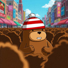 a cartoon bear wearing a red and white striped hat is surrounded by piles of dirt