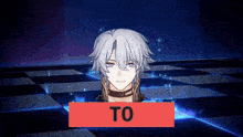 a video game character with a red to sign in front of him