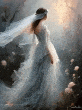 a painting of a woman in a white dress with a veil