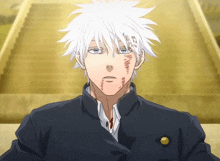 a close up of a person with white hair and a black jacket