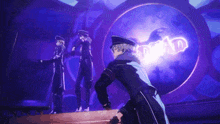 a group of anime characters are standing on top of a stage in front of a purple light .