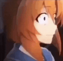 a close up of a anime girl with red hair and white eyes looking at something .