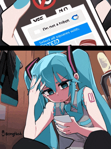a cartoon of a girl with the number 01 on her chest looking at her phone