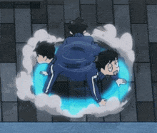 a cartoon of a man in a blue jacket spinning in a blue circle