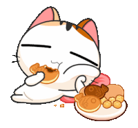 a cartoon cat is eating a pancake with a fish face on it