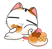 a cartoon cat is eating a pancake with a fish face on it