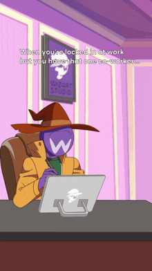 a cartoon of a wizard sitting at a desk with a laptop and a sign that says wizard studio