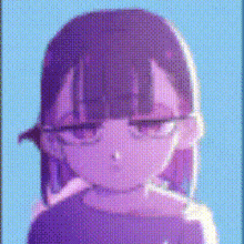 a close up of a cartoon girl with purple hair and a choker .