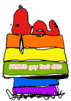 a cartoon of snoopy laying on a stack of books with the words proud gay dog dad