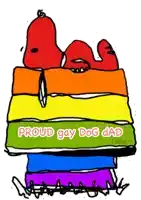 a cartoon of snoopy laying on a stack of books with the words proud gay dog dad
