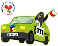 a penguin is driving a green car with the number 111 on the back