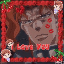 a picture of a man with red kisses on his face and the words i love you