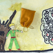 a drawing of a boy standing next to a tree with a bag hanging from it
