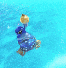 a blue penguin is falling into the water while holding a yellow object .