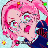 a drawing of a girl with glasses and the words " mizi when bon " on the bottom