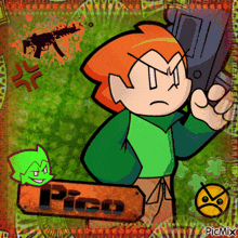 a cartoon character named pico is holding a gun in his left hand