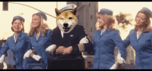 a group of stewardesses are dancing with a dog in a pilot 's uniform