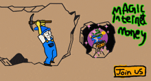 a cartoon drawing of a man holding a pickaxe with the words magic internet money written above him
