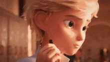 a close up of a cartoon character 's face with a pen in his hand