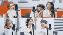 a group of women wearing headphones are sitting in front of microphones and a sign that says ' aditya ' on it