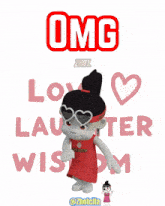 a cartoon girl wearing a headband that says omg love laughter and wisdom