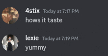 a screenshot of a conversation between 4stix and lexie