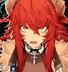 a close up of a red haired anime character with horns and a cross around her neck