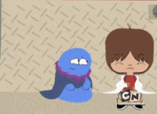 a cartoon of a boy and a blue monster with the cn logo in the corner