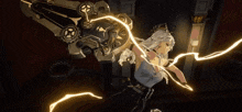 a woman with white hair is holding a large mechanical object with lightning coming out of it .