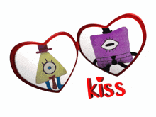two stuffed animals in heart shaped frames with the word kiss in red