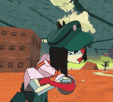 a cartoon character wearing a green hat and holding a ball