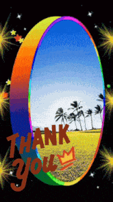 a colorful thank you card with a picture of palm trees in the background