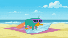 a cartoon of perry the platypus on a beach