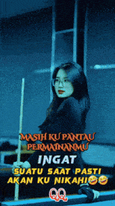 a woman holding a pool cue with the words masih ku pantau permainmu ingat suatu saat pasti akan ku nikahi