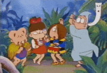 a group of cartoon characters are standing in a jungle