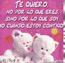 two teddy bears on a pink background with the words te quiero