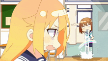 a cartoon drawing of two girls in a classroom