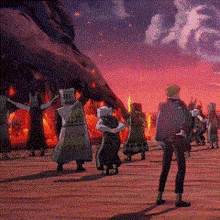 a group of cartoon characters are standing in front of a mountain