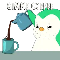 a cartoon of a penguin pouring coffee into a cup with the words gimme coffee written above it
