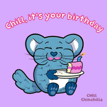 a cartoon drawing of a chinchilla holding a birthday cake