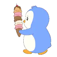a penguin is holding a giant ice cream cone with a cherry on top